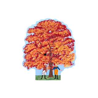 3/4" thick wooden replica with an illustration of an autumn tree with fiery orange, red, and yellow leaves, with two small historical figures standing beneath it on a light blue background.