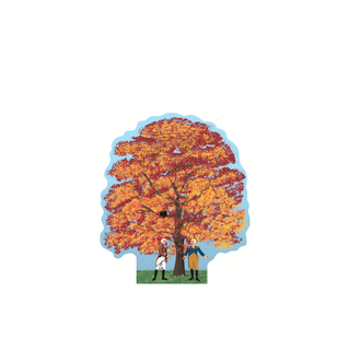 3/4" thick wooden replica with an illustration of a Autumn-themed cutout with people under a tree on a white background