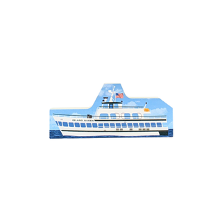3/4" thick wooden replica with an illustration of a ferry boat, featuring a blue sky and ocean background with a white ferry labeled 'Island Queen' and small details including an American flag.