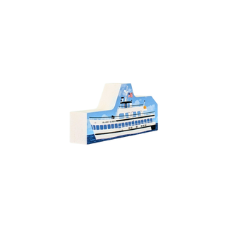 3/4" thick wooden replica with an illustration of a passenger ferry, printed with a blue sky, white ship, and ocean scene, shown on a plain white background.