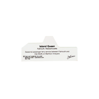 back of product printed with black text identifying the 'Island Queen' ferry service between Falmouth and Oak Bluffs, plus 'Made in USA' and a cat logo, on a plain white background.