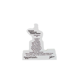 back of product with text about the General Nathaniel Greene Statue in Greensboro, NC, with printed black text and a small signature at the bottom, shown on a plain white background.