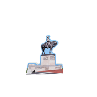 3/4" thick wooden replica with an illustration of an equestrian statue on a stone pedestal, with a blue outline and a small illustrated base scene below, shown on a plain white background.