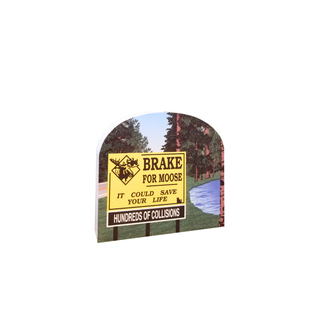 3/4" thick wooden Moose crossing sign with scenic background