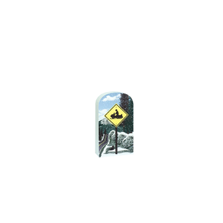 3/4" thick wooden Winter scene with a snowmobile warning sign on a white background