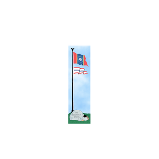 3/4" thick wooden Mississippi state flag on a flagpole with a blue sky background
