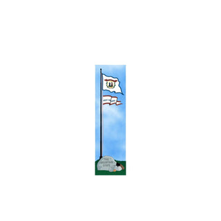 3/4" thick wooden cutout of the West Virginia state flag on a pole with 'The Mountain State' sign and mountain silhouette against a blue sky.