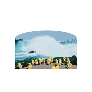 3/4" thick wooden cutout of a group of people in yellow raincoats observing a waterfall.