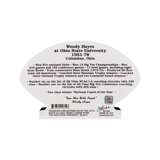 back of product with text about Woody Hayes at Ohio State University on a white background