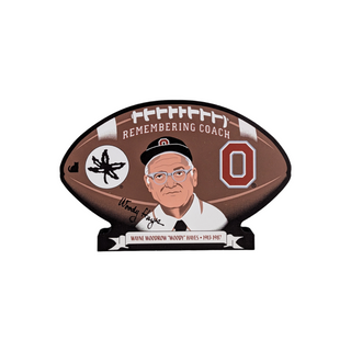 3/4" thick wooden replica with an illustration of a football-shaped sign with a portrait of a coach and text on a white background