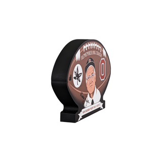 3/4" thick wooden replica with an illustration of a football-shaped sign with a portrait of a coach and text on a white background