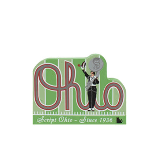 3/4" thick wooden replica with an illustration with aLogo with a person holding a sign and text 'Script Ohio Since 1936' on a green background