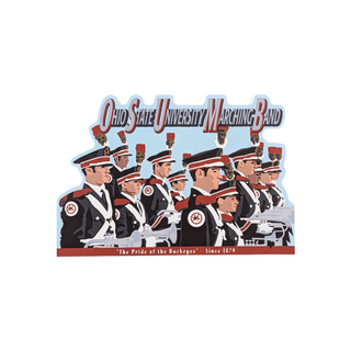 3/4" thick wooden replica with an illustration of Ohio State University Marching Band on a white background