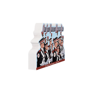 3/4" thick wooden replica with an illustration of Ohio State University Marching Band on a white background