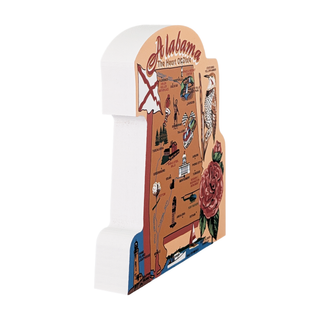 3/4" thick wooden map of Alabama featuring various icons and text on a white background.
