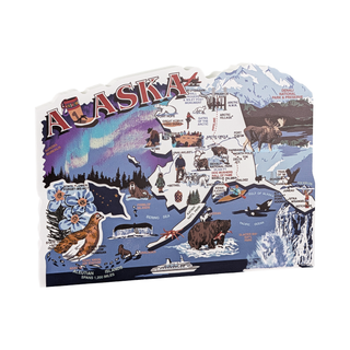 3/4" thick wooden Map of Alaska with various scenes and animals on a white background