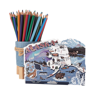 3/4" thick wooden Map of Alaska with colored pencils on a white background