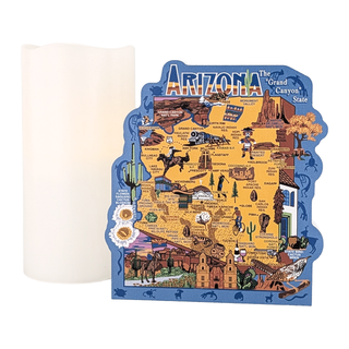 3/4" thick wooden Map of Arizona with various icons and a white candle on a white background