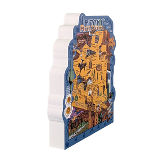3/4" thick wooden Map of Arizona with various icons on a white background
