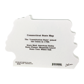 3/4" thick wooden White Connecticut state-shaped sign with black text on a white background