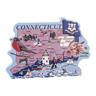 3/4" thick wooden Map of Connecticut with various icons and symbols on a white background