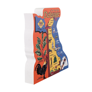 Delaware-shaped 3/4" thick wooden decorative item with state symbols on a white background