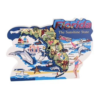 Colorful 3/4" thick wooden map of Florida with various icons and 'Florida The Sunshine State' text on a white background