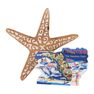 Starfish decoration with a 3/4" thick wooden Florida map design on a white background