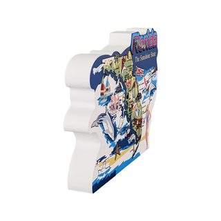 3/4" thick wooden map of Florida with colorful graphics on a white background
