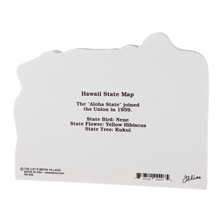 back of a 3/4" thick wooden map of Hawaii with black text on a white background