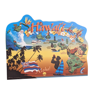 Colorful 3/4" thick wooden map of Hawaii with various elements and text on a white background