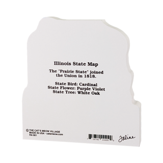 3/4" thick wooden map with black text about Illinois on a white background