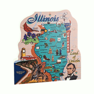 3/4" thick wooden Map of Illinois with various symbols and landmarks on a white background