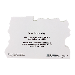 3/4" thick wooden Iowa state-shaped figurine with black text on a white background