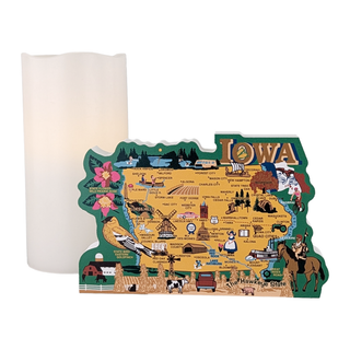 3/4" thick wooden Decorative map of Iowa with illustrations on a white background