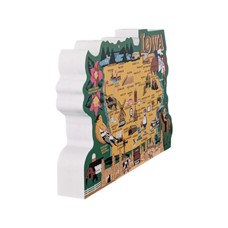 3/4" thick wooden art shaped like the state of Iowa with illustrations on a white background