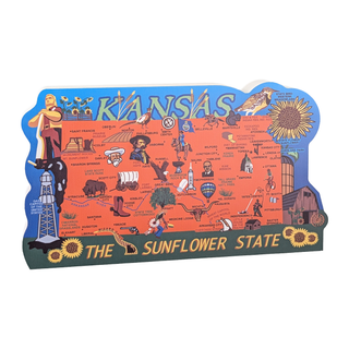  3/4" thick woodenMap of Kansas with various symbols and icons on a white background
