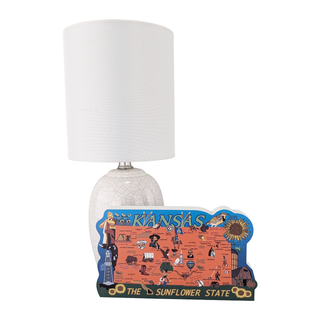 Lamp with a 3/4" thick wooden decorative model featuring a map of Kansas on a white background