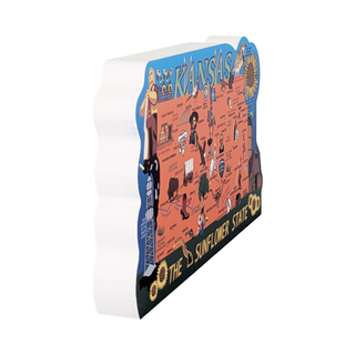 Decorative Kansas 3/4" thick wooden map with cultural icons on a white background