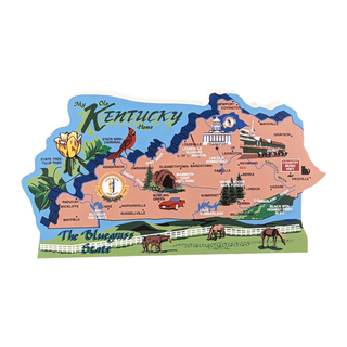 3/4" thick wooden Map of Kentucky with various symbols and landmarks on a white background