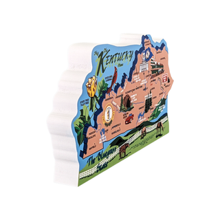 3/4" thick wooden Map of Kentucky with various landmarks and attractions on a white background