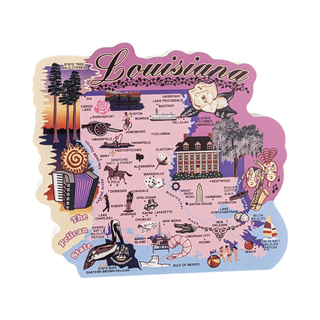 3/4" thick wooden Map of Louisiana with various icons and landmarks on a white background
