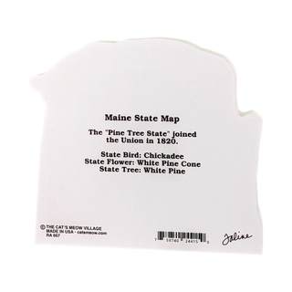 3/4" thick wooden figurine with black text about Maine state facts on a white background