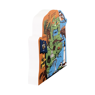 Colorful 3/4" thick wooden map of Maine with various symbols on a white background