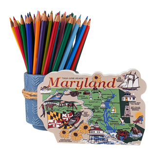Colorful pencils in a holder with a Maryland-themed 3/4" thick wooden design on a white background