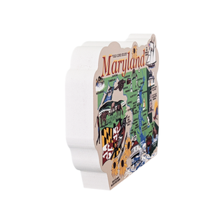 3/4" thick wooden Map of Maryland with scenic illustrations on a white background