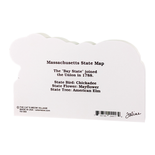 3/4" thick wooden Massachusetts state map figurine with text on a white background