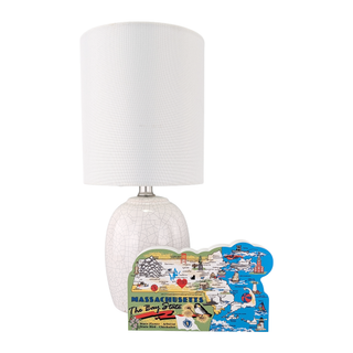 Table lamp with a decorative Massachusetts-themed 3/4" thick wooden figurine on a white background