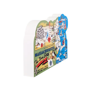 Massachusetts-themed decorative 3/4" thick wooden map with colorful graphics on a white background