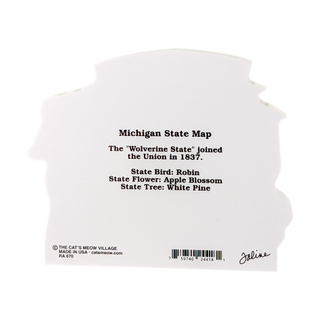 3/4" thick wooden model with black text about Michigan state facts on a white background